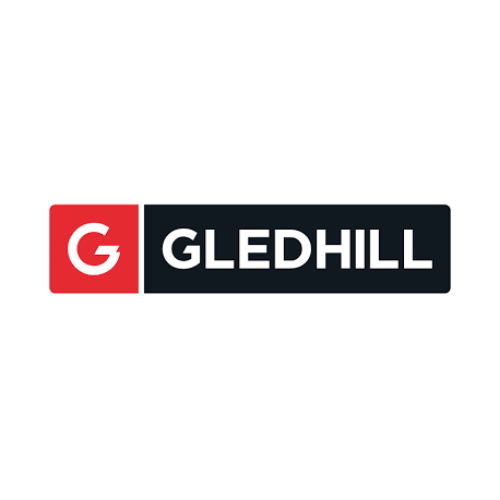 Gledhill logo with a red square featuring a white "G" on the left, and the word "GLEDHILL" in bold white letters on a black rectangular background to the right.