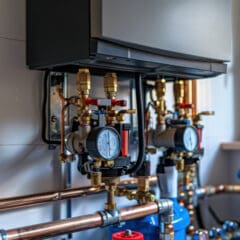 Close-up of a modern boiler system with copper pipes, pressure gauges, and valves mounted on a wall in a well-lit utility room near a window.