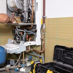 A person is repairing a gas boiler mounted on a tiled wall, with the boiler cover open showing internal parts. A blue expansion tank and an open toolbox with tools are visible on the floor nearby.