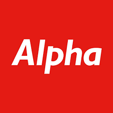 White text reading "Alpha" on a solid red background.