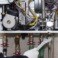 A person wearing a glove uses a wrench to adjust pipes connected to an open wall-mounted boiler, revealing internal components, wires, and valves.
