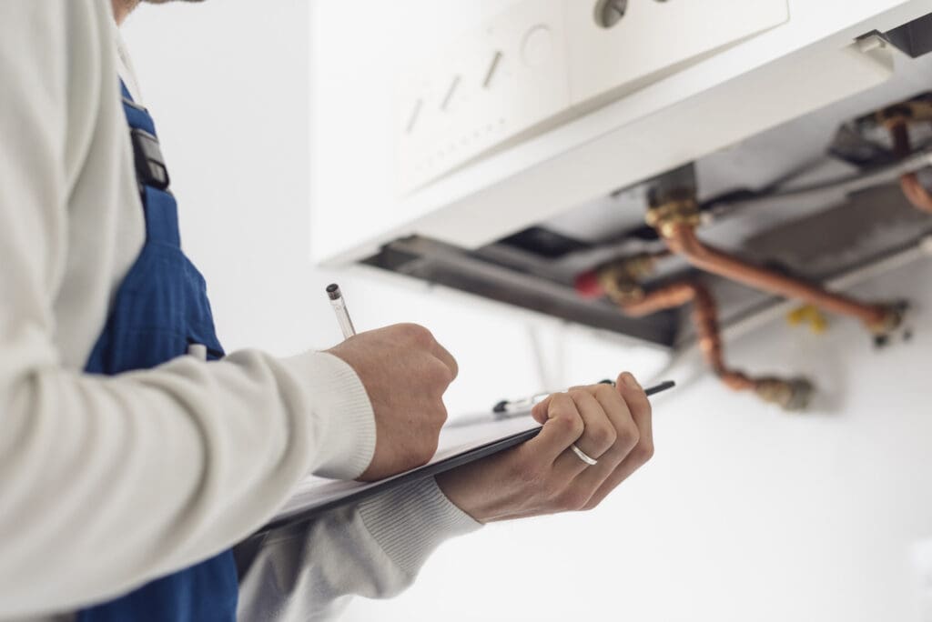 A person in a white shirt and blue overalls writes on a clipboard while inspecting the piping and components of a boiler or heating system mounted on a wall.