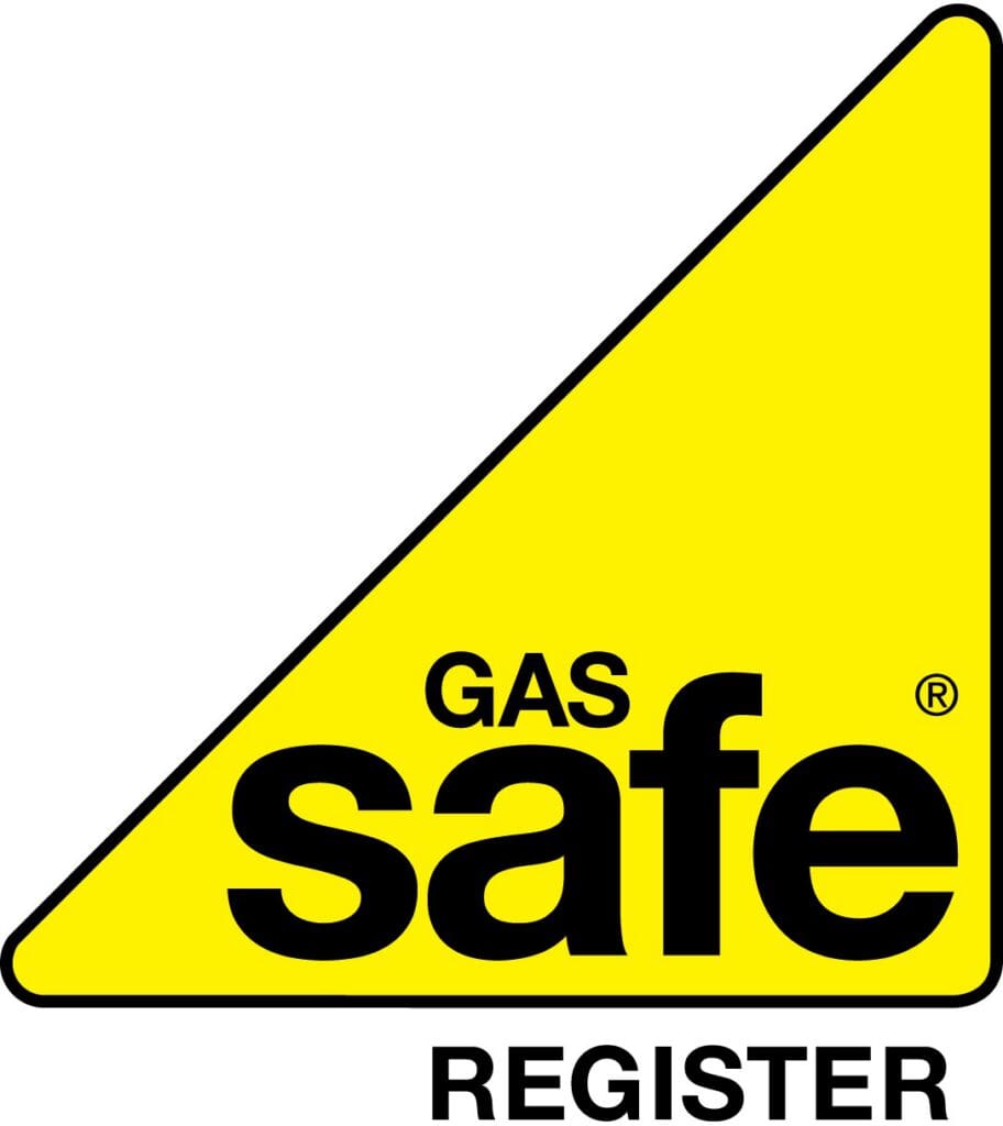 The Gas Safe Register logo features a yellow triangle with rounded corners containing the words "GAS safe" in black, with "REGISTER" written below the triangle.